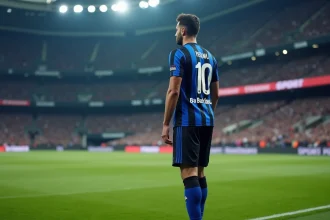 Joueur de l'Inter Milan en maillot rayé bleu et noir sur la pelouse du stade lors de la saison 2026