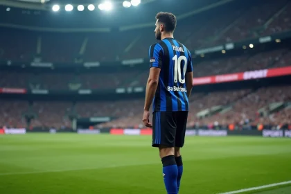 Joueur de l'Inter Milan en maillot rayé bleu et noir sur la pelouse du stade lors de la saison 2026