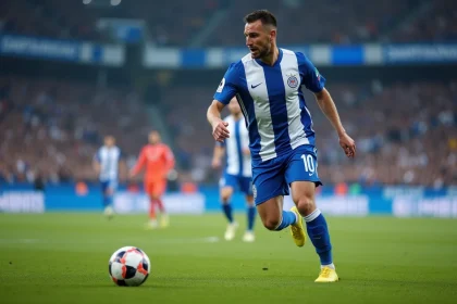 Joueur du FC Porto en action avec le ballon lors d'un match, illustrant le style de jeu offensif du club