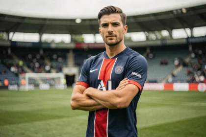 Joueur professionnel du PSG en maillot bleu marine et rouge sur la pelouse du stade lors d'un entraînement