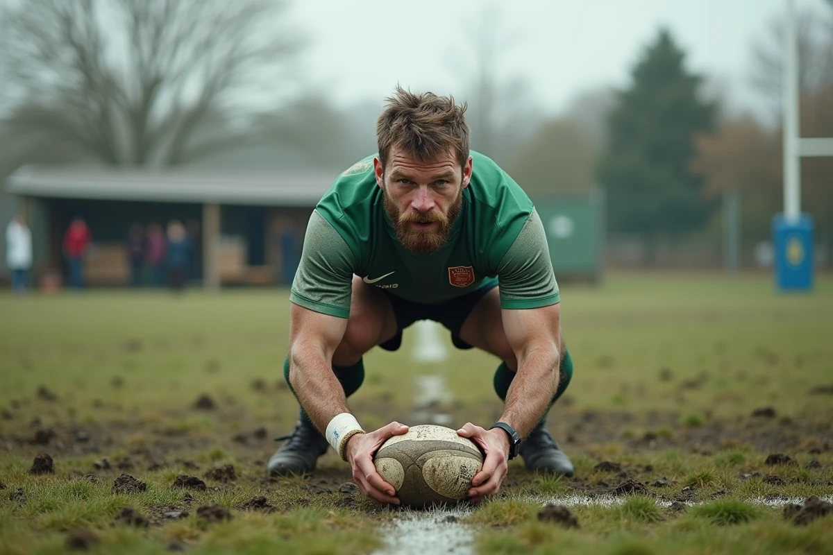 Joueur de rugby amateur en mêlée sur un terrain municipal avec pelouse irrégulière dans un club amateur français
