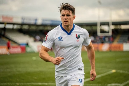 Joueur de rugby de l'équipe de France en maillot blanc lors d'un entraînement sur terrain en herbe, illustrant la performance sportive en Bleu