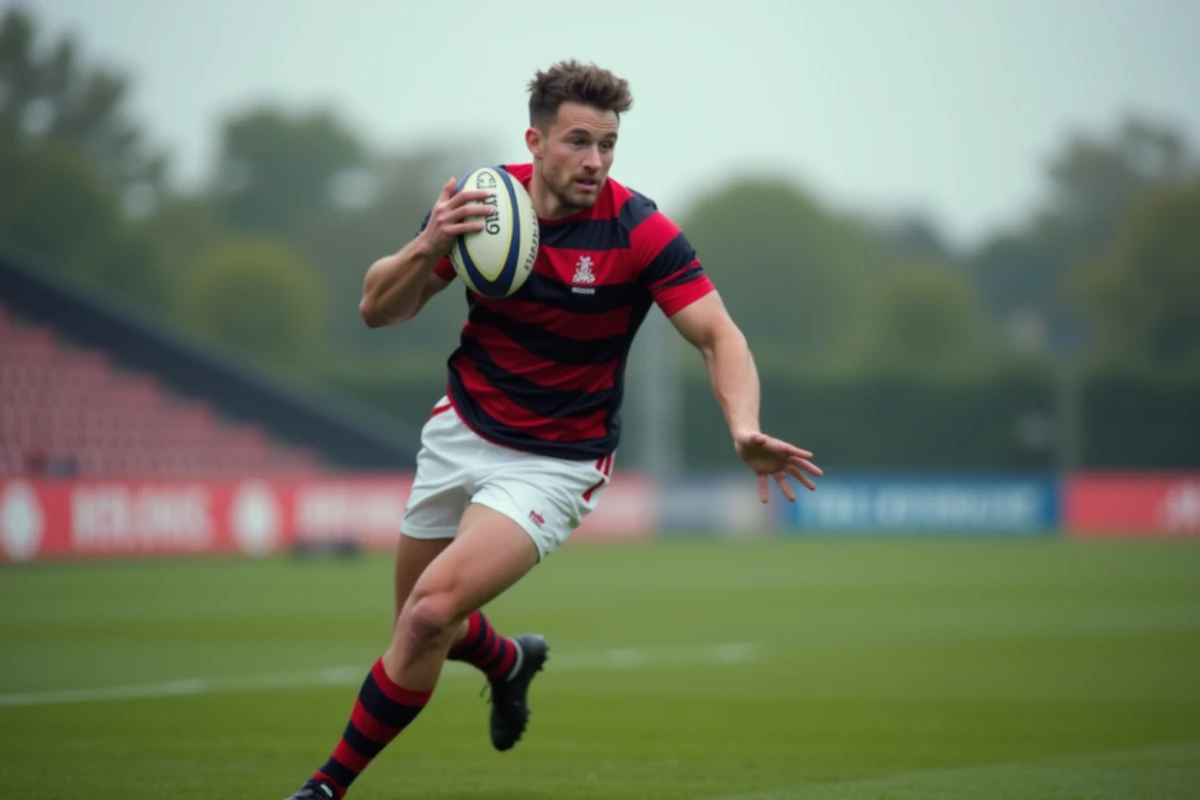 Joueur de rugby Fédérale 1 effectuant une passe décisive lors d'un match de championnat
