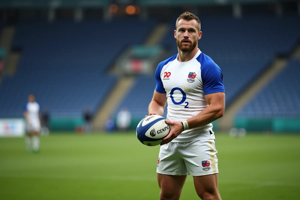 Joueur de rugby professionnel en tenue officielle tenant un ballon ovale sur la pelouse d'un stade professionnel en France