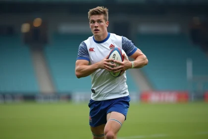 Joueur de rugby U20 tenant un ballon sur la pelouse lors de la Coupe du monde junior 2026