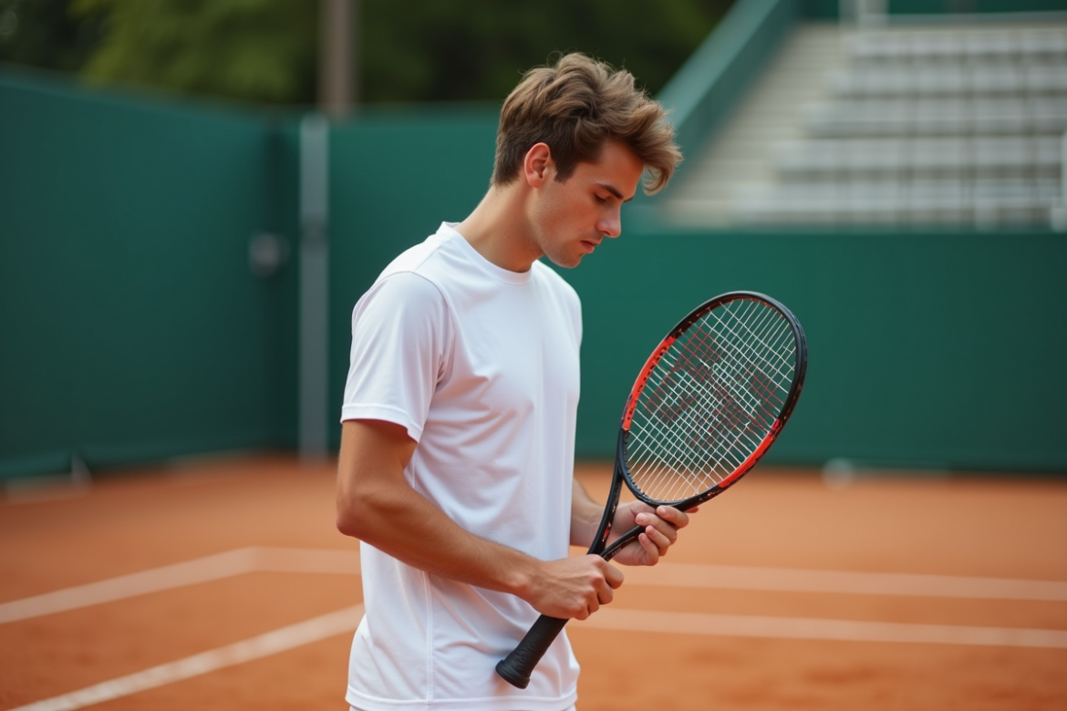 Jeune joueur de tennis examine la raquette sur court en extérieur