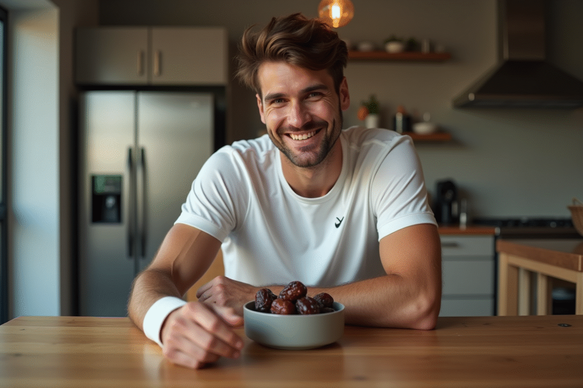 Joueur de tennis souriant avec des dattes dans une cuisine moderne