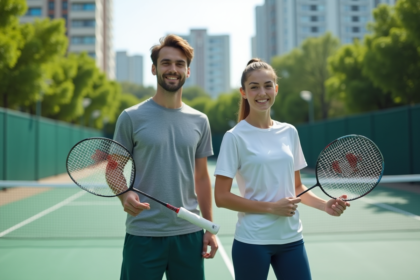 Jeune homme et femme en tenue de sport sur court de badminton en ville