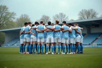 Joueurs de football amateur du district de l'Essonne en cercle avant un match sur un terrain gazonné