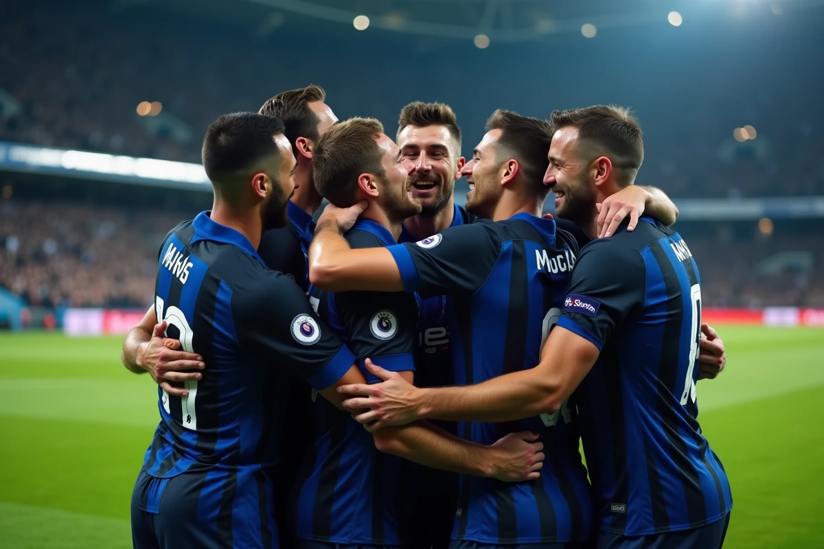 Joueurs de l'Inter Milan célébrant ensemble un but décisif en Ligue des Champions sur la pelouse du stade