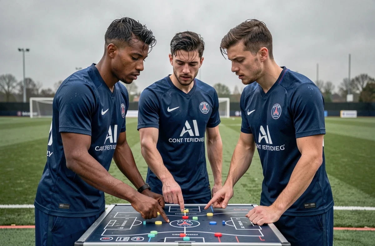 Trois joueurs du PSG en discussion tactique au bord du terrain lors d'une séance d'entraînement collective