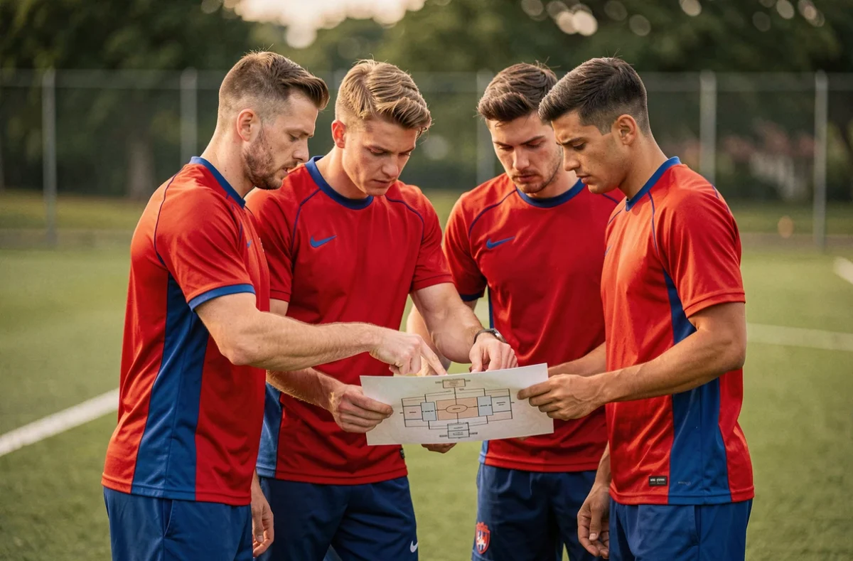 Joueurs de football en réunion tactique étudiant la composition de départ avant un grand match de Ligue 1