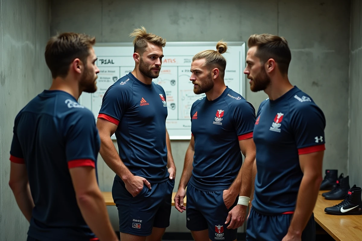 Groupe de joueurs de rugby français de différents niveaux de divisions réunis dans un vestiaire autour d'un tableau tactique