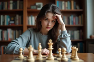 Jeune joueuse d'échecs concentrée en pleine partie