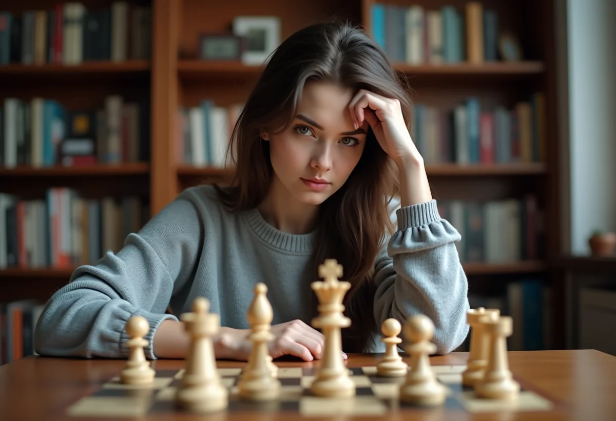 Jeune joueuse d'échecs concentrée en pleine partie