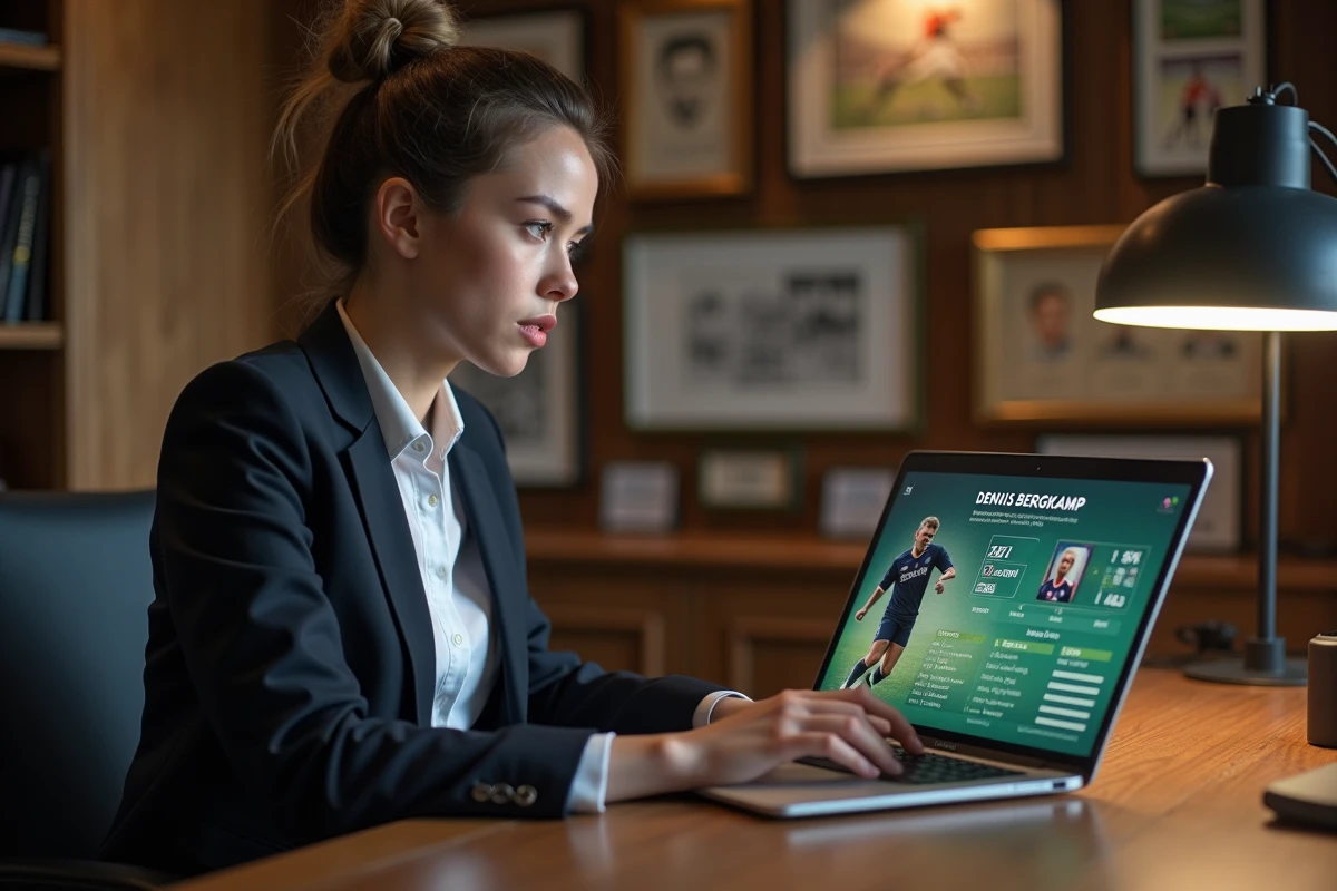 Jeune journaliste sportive travaillant sur ordinateur