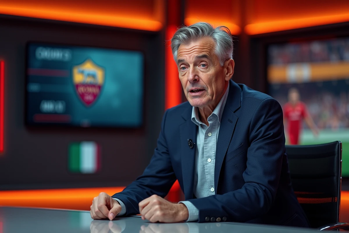 Journaliste sportif commentant les actualités de l'AS Roma dans un studio de diffusion moderne à Rome