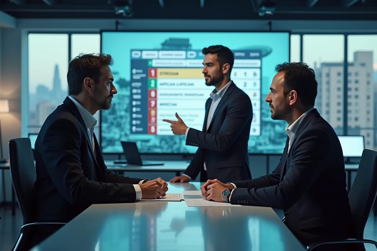Journalistes sportifs algériens analysant les classements et résultats sur le site Competition.dz dans une salle de rédaction moderne