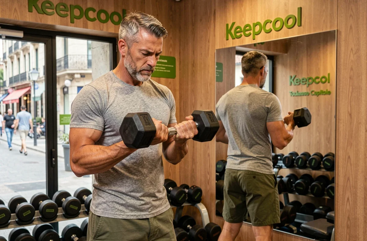 Salle Keepcool Toulouse Capitole avec membre masculin effectuant des curls en miroir dans un espace urbain moderne