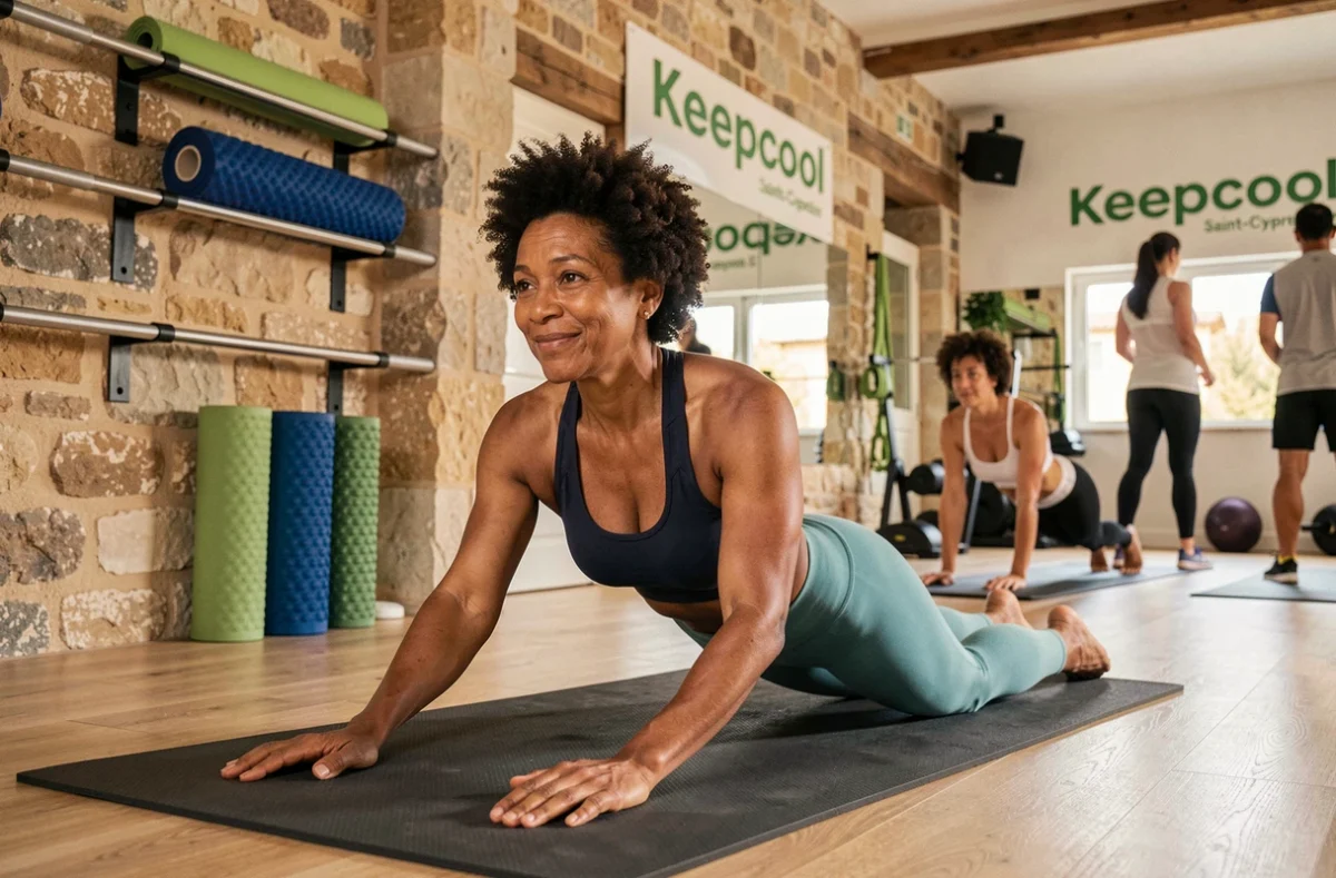 Salle Keepcool Toulouse Saint-Cyprien avec membre féminine en stretching dans un espace convivial aux murs en pierre