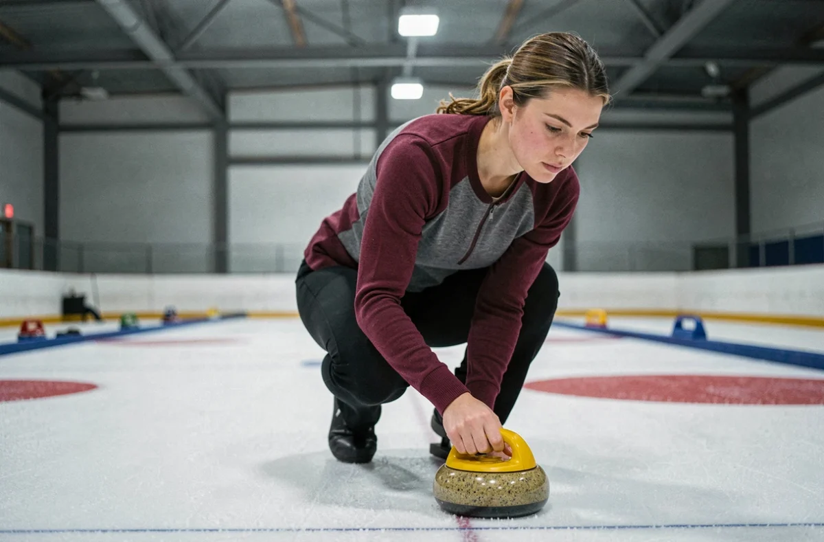 Joueuse de curling en position de lancement tenant une pierre de granit sur la glace lors d'une compétition