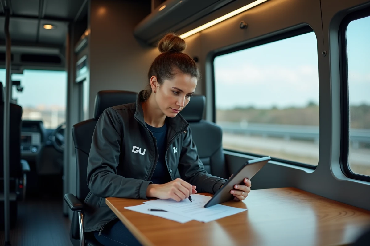 Manager de cyclisme examinant des documents sur tablette en bus