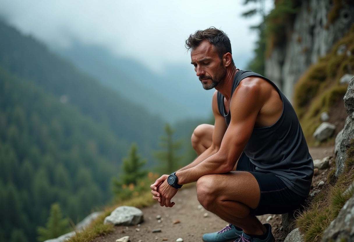 Homme coureur en trail dans la nature