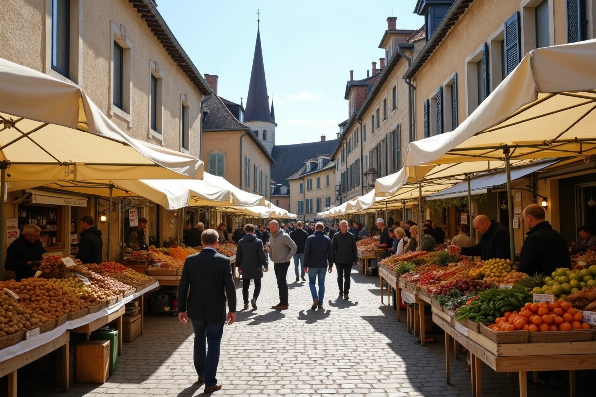 Marché traditionnel animé de Bergerac sur une place en pierre du Périgord illustrant la vie économique locale