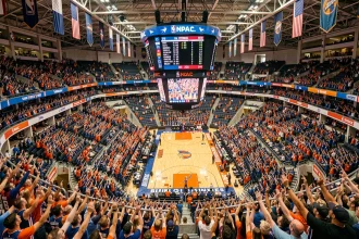 Vue panoramique d'un match de basket NBA dans une immense salle de sport de New York, tribune bondée de supporters en maillots d'équipe