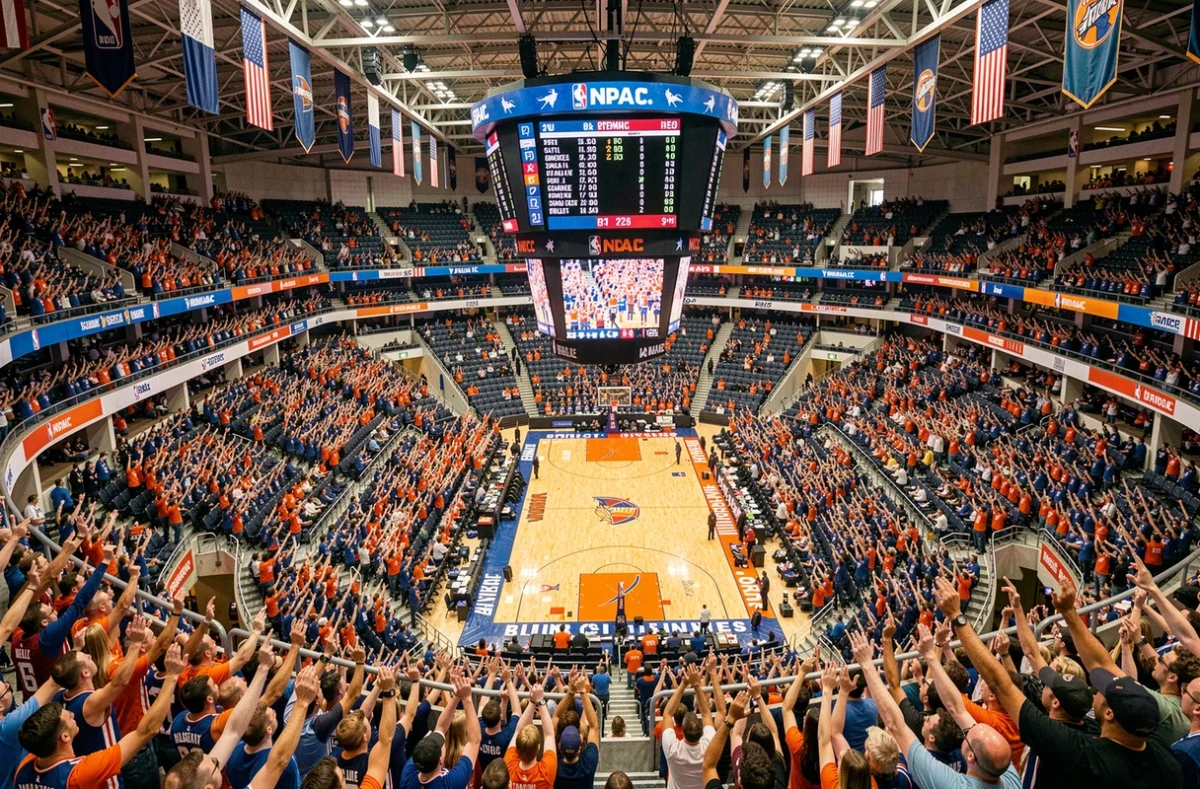 Vue panoramique d'un match de basket NBA dans une immense salle de sport de New York, tribune bondée de supporters en maillots d'équipe