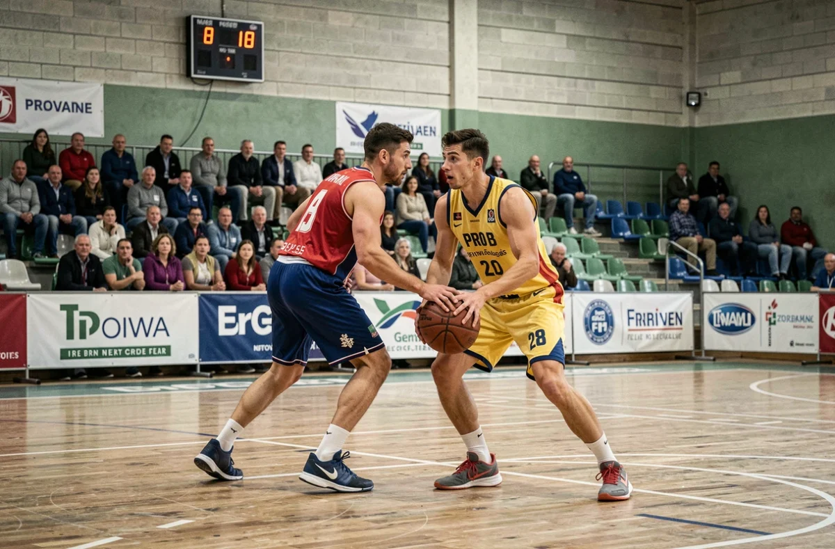 Match de basket professionnel en France dans une salle régionale, joueurs en action sur le parquet avec des tribunes de taille modeste