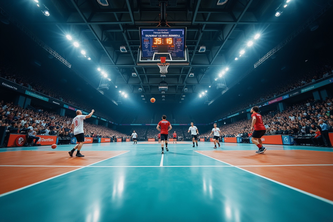 Match de handball en cours avec scoreur numérique