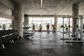 Vue panoramique d'une salle de sport moderne dans la Marne avec plusieurs zones d'entraînement et des membres actifs