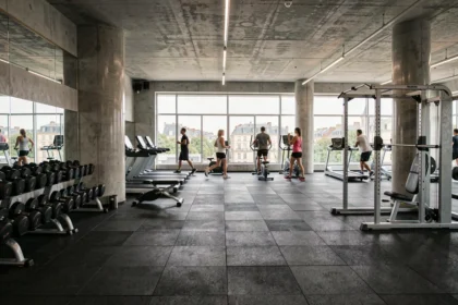 Vue panoramique d'une salle de sport moderne dans la Marne avec plusieurs zones d'entraînement et des membres actifs