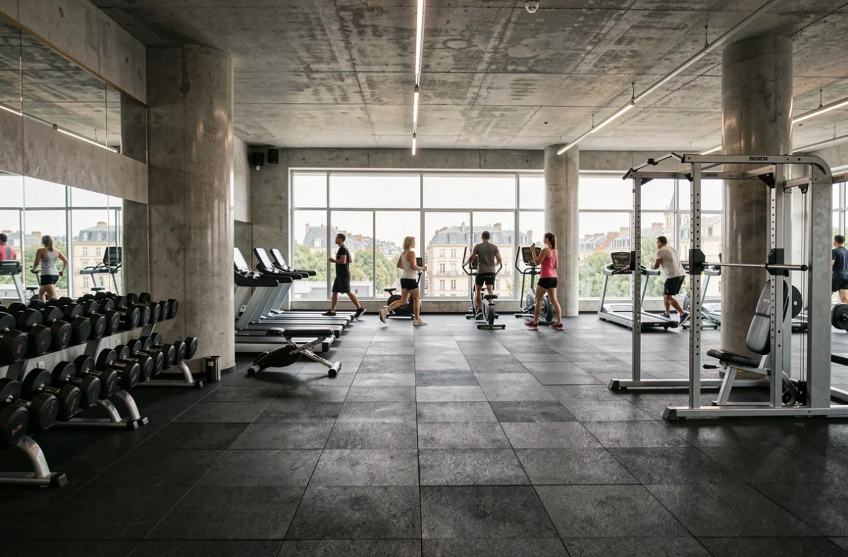 Vue panoramique d'une salle de sport moderne dans la Marne avec plusieurs zones d'entraînement et des membres actifs