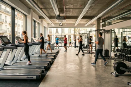 Vue panoramique d'une salle de sport moderne en Haute-Garonne avec équipements de fitness et membres actifs