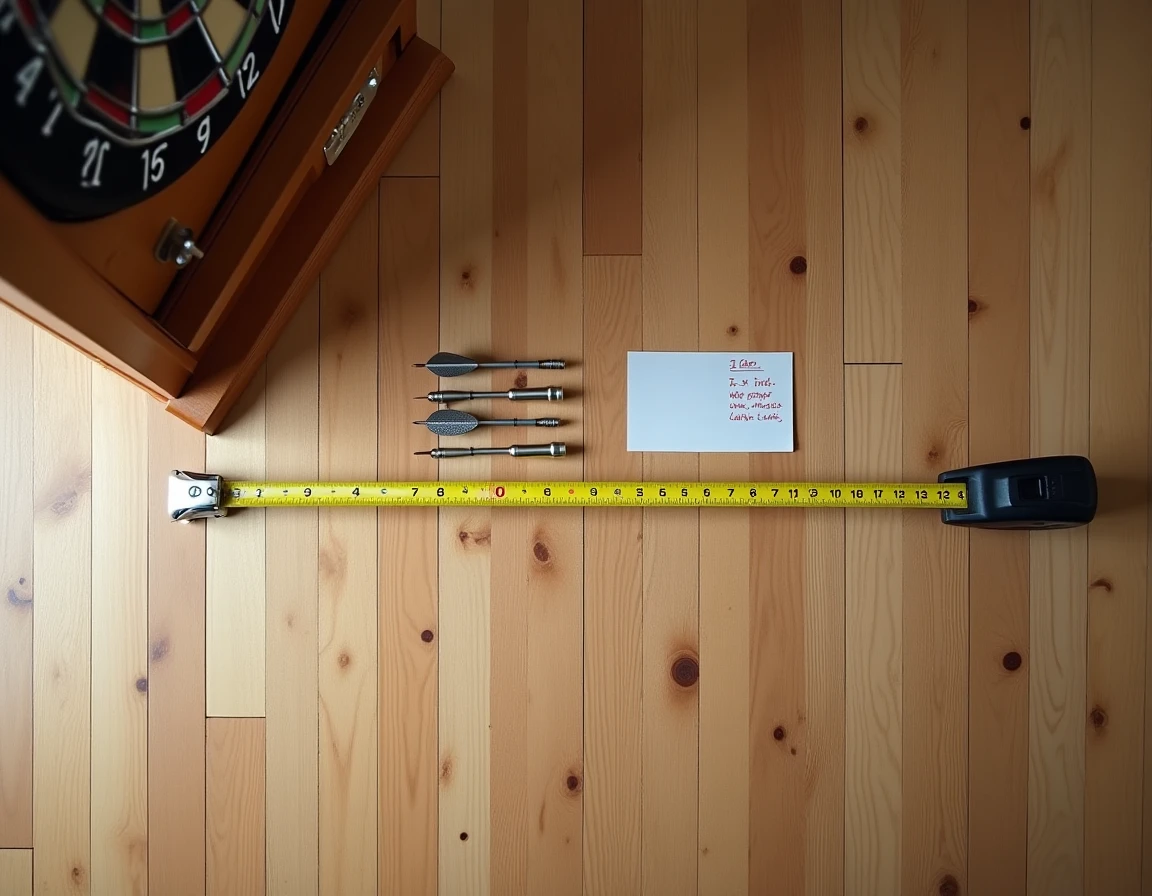 Mesure de la distance réglementaire pour les fléchettes avec mètre ruban et ligne d'oche sur parquet en bois