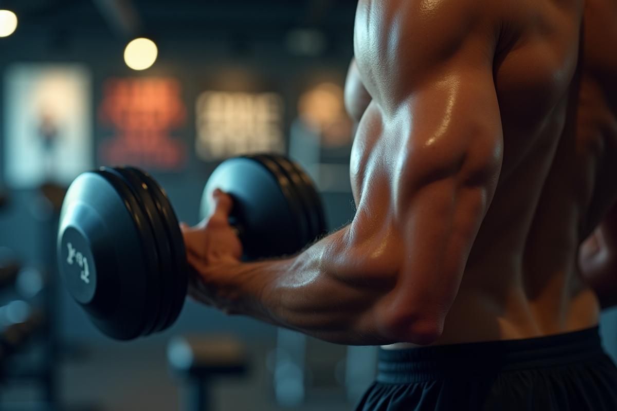 Musclé soulevant des haltères dans une salle de sport moderne