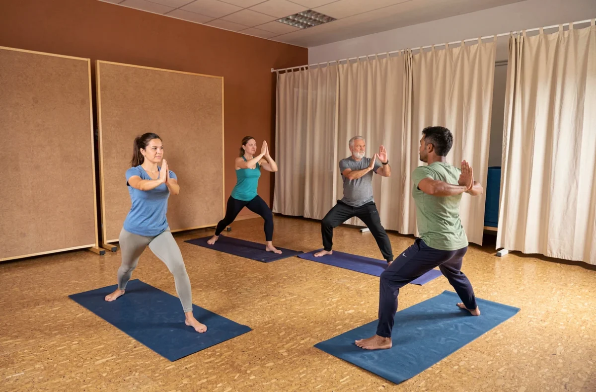 Groupe mixte en pose du guerrier dans un studio de yoga modulable à Nantes, illustrant les cours adaptables de NAVA Yoga