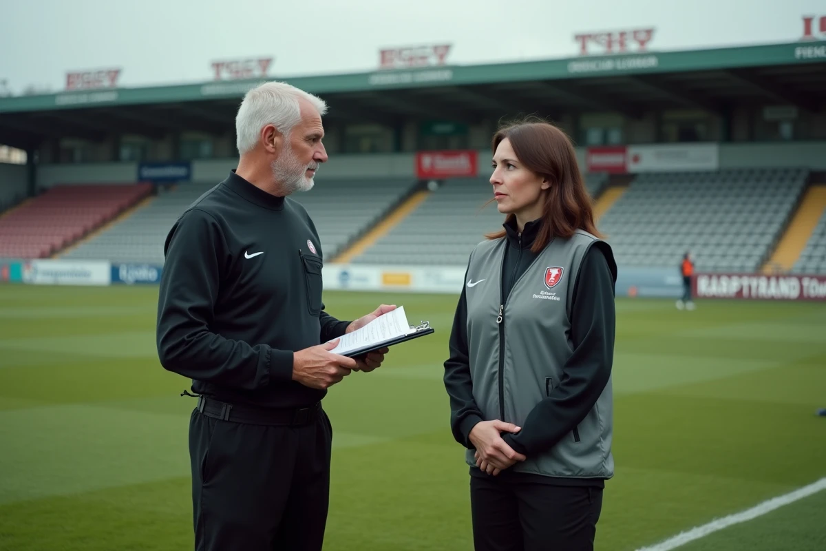 Officiel du comité de football Drôme Ardèche sur le bord d'un terrain avec documents de match