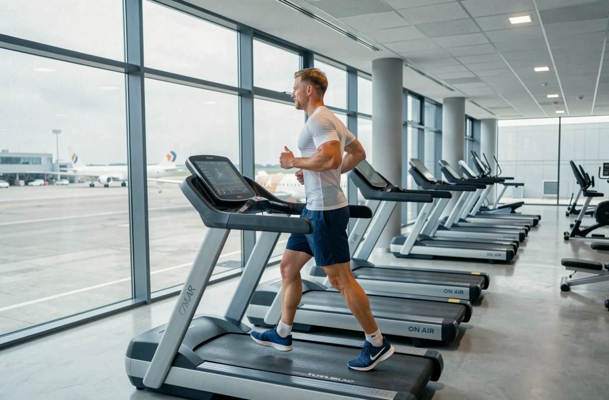 Salle ON AIR Toulouse Blagnac avec vue sur le tarmac de l'aéroport et équipements cardio modernes