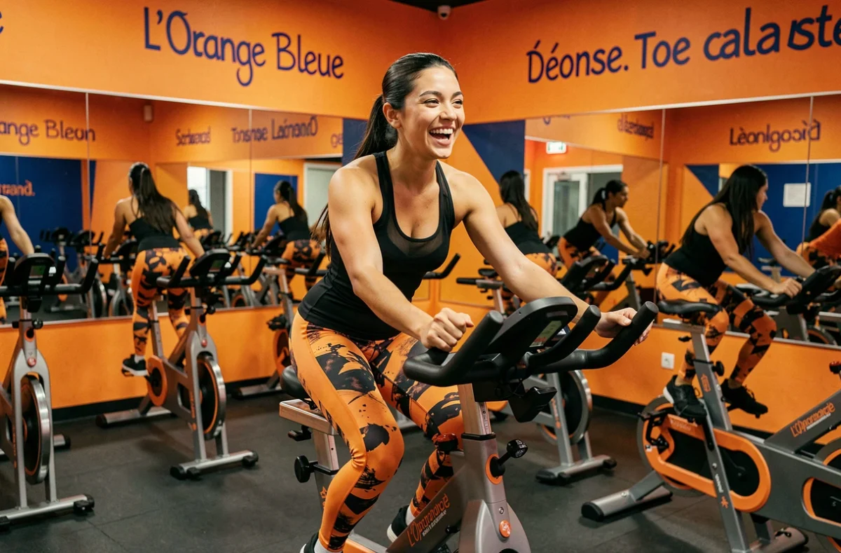 Salle L'Orange Bleue Toulouse Lalande avec membre féminine en cours de cycling dans un studio aux couleurs orange et bleue