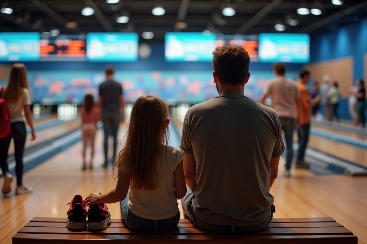 Père et fille regardant le tableau de score au bowling