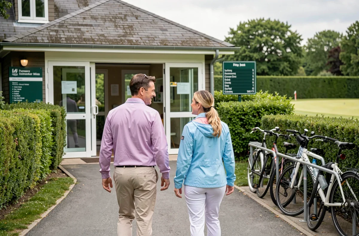 Deux joueurs de golf arrivant à pied à un parcours de golf compact accessible sans voiture en région parisienne