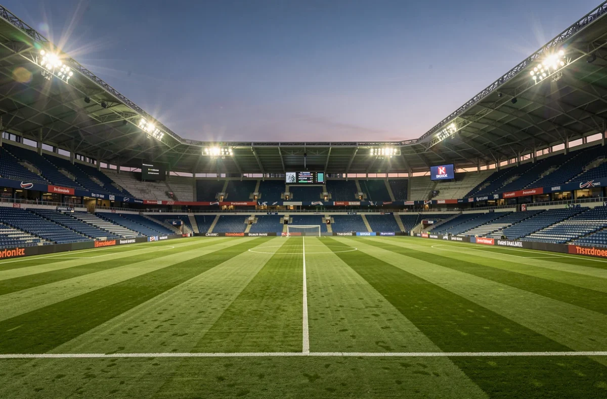 Pelouse de stade de football au crépuscule sous les projecteurs