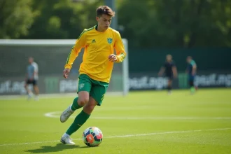 Jeune joueur du centre de formation du FC Nantes en plein dribble lors d'un entraînement sur le terrain