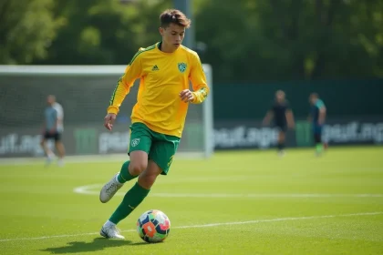Jeune joueur du centre de formation du FC Nantes en plein dribble lors d'un entraînement sur le terrain