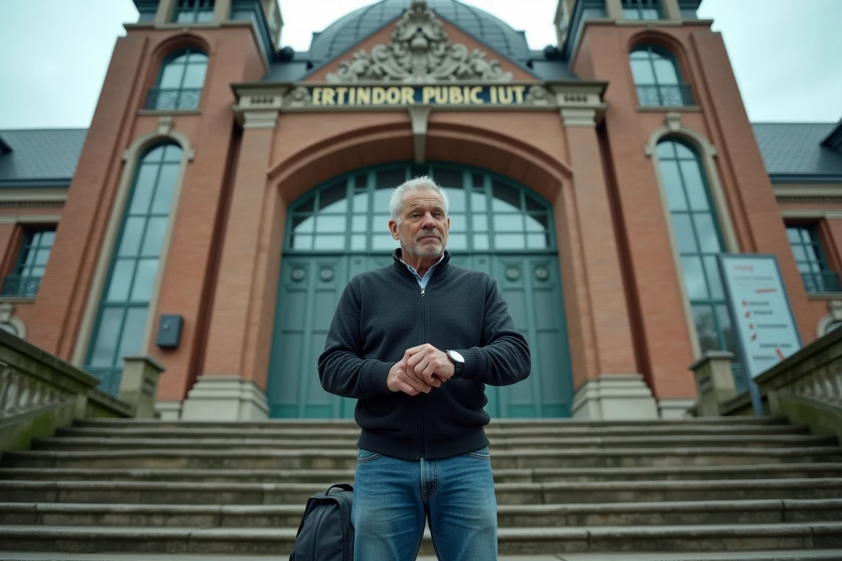 Père vérifiant l'heure devant l'entrée Art Déco de la piscine des Buttes-aux-Cailles à Paris