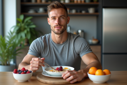 Jeune athlète masculin mangeant un petit déjeuner sain