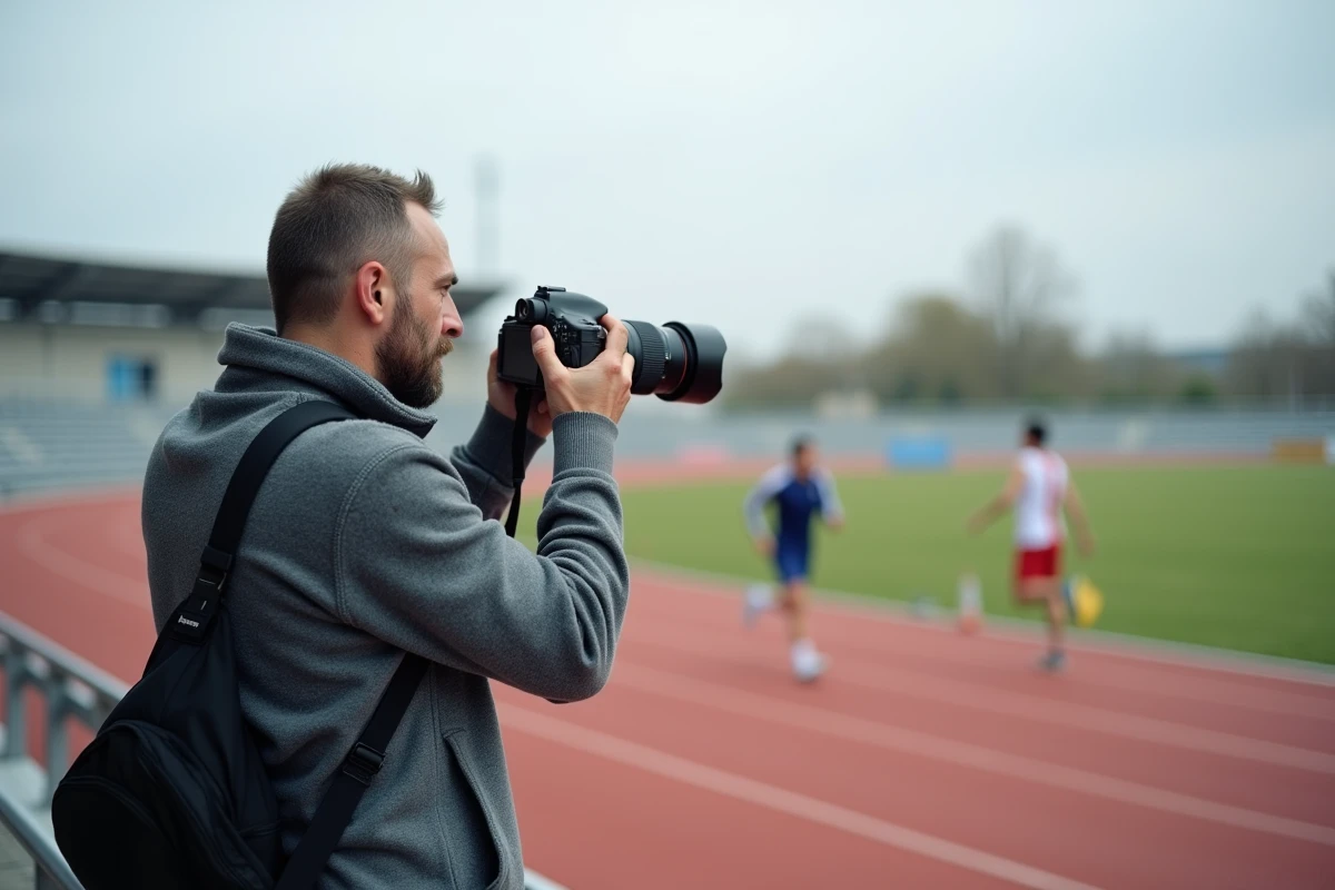 Photographe de presse sportive de la Gazette d'Amiens immortalisant une course d'athlétisme sur piste à Amiens
